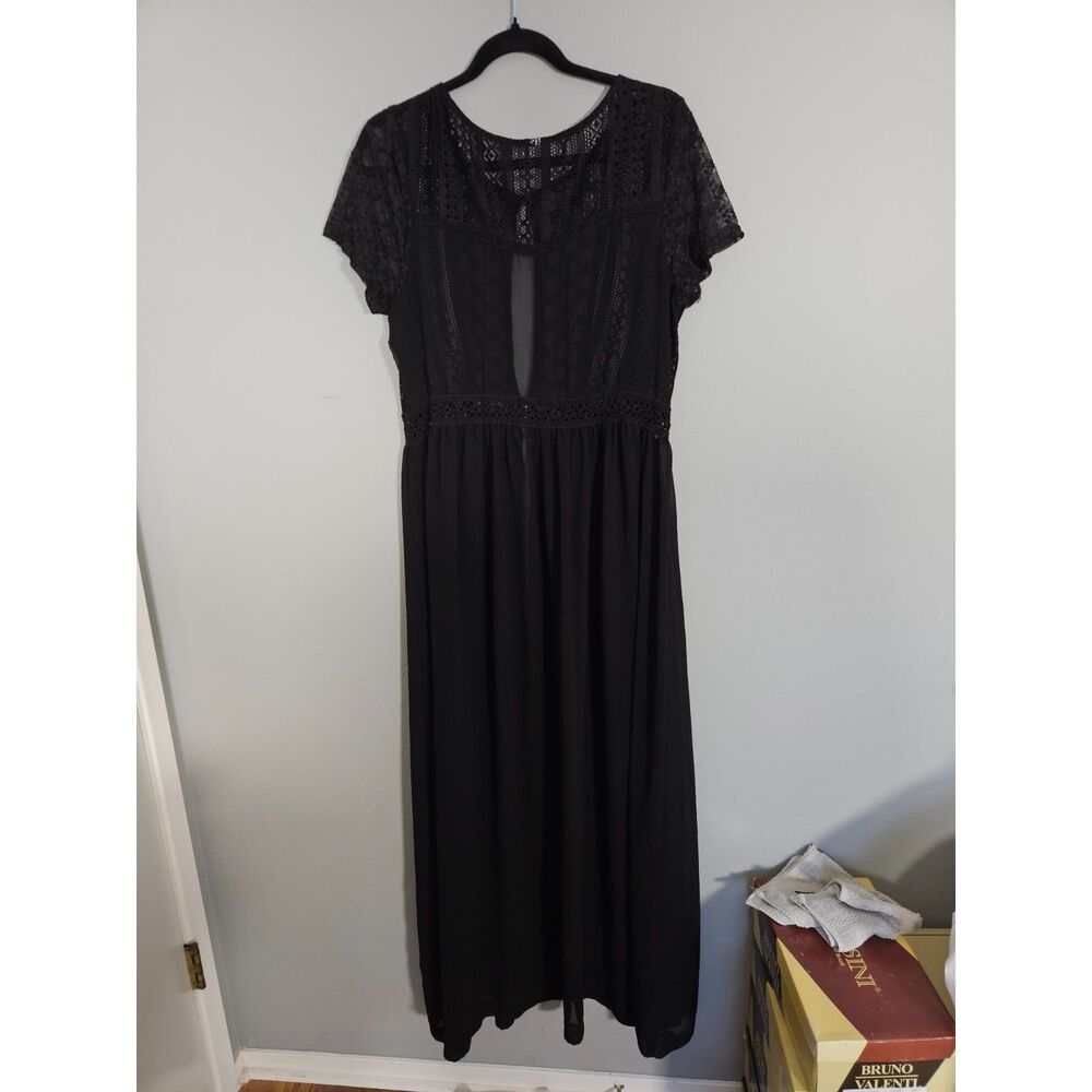 Goth Boho Black Sheer Floral Lace Crochet Waist Short Sleeve Maxi Dress Medium